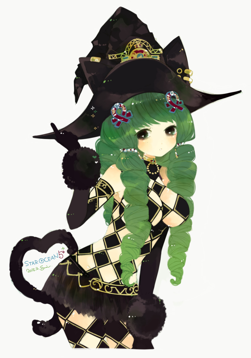 1girl argyle_clothes argyle_cutout argyle_legwear black_gloves black_hat breasts clothing_cutout commentary_request drill_hair elbow_gloves fiore_brunelli gloves green_hair hair_ornament hat highres large_breasts long_hair looking_at_viewer makeup miniskirt revealing_clothes simple_background skirt solo star_ocean star_ocean_integrity_and_faithlessness sumisu_(rinsumi) tail twin_drills white_background witch_hat yellow_eyes