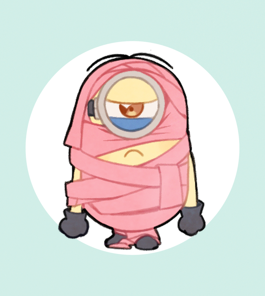 ake_blood black_gloves blue_overalls brown_eyes closed_mouth colored_skin despicable_me frown glaring gloves goggles highres looking_at_viewer minion_(despicable_me) minions_(movie) no_humans one-eyed overalls pink_ribbon ribbon short_hair solo stuart_(despicable_me) wrapped_up yellow_skin