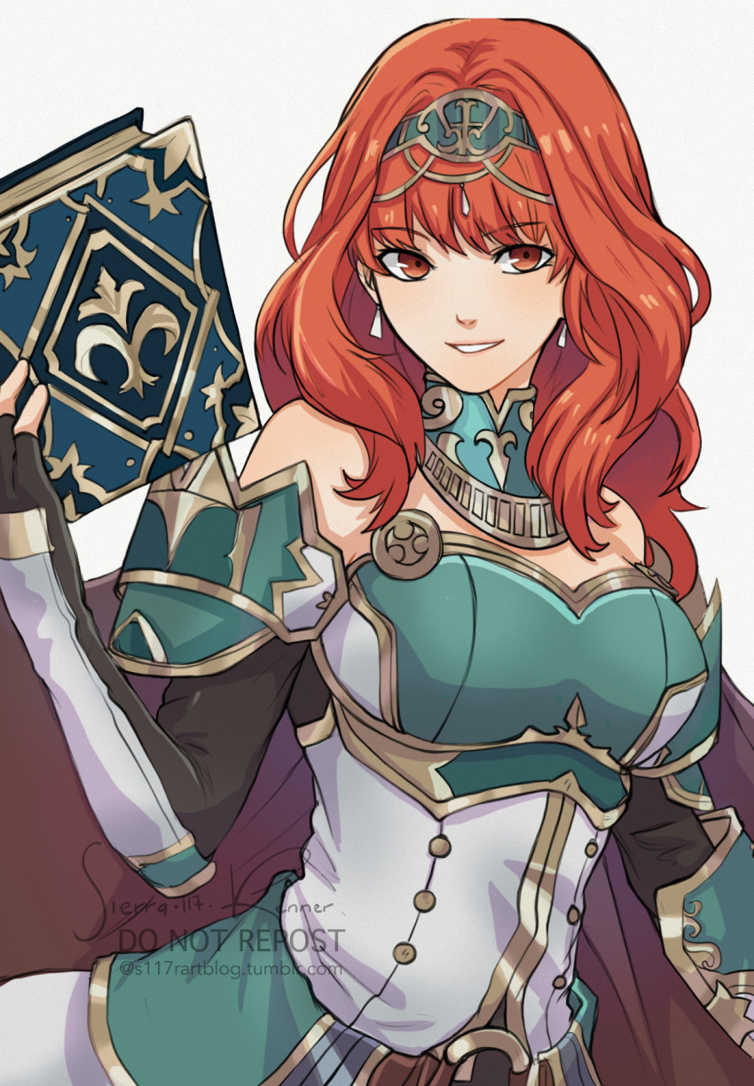 1girl armor book cape celica_(fire_emblem) celica_(valentia&#039;s_hope)_(fire_emblem) choker dress earrings fire_emblem fire_emblem_echoes:_shadows_of_valentia gloves green_armor highres holding holding_book jewelry long_hair looking_at_viewer nintendo official_alternate_costume princess red_eyes red_hair sierra117renner smile tiara white_dress