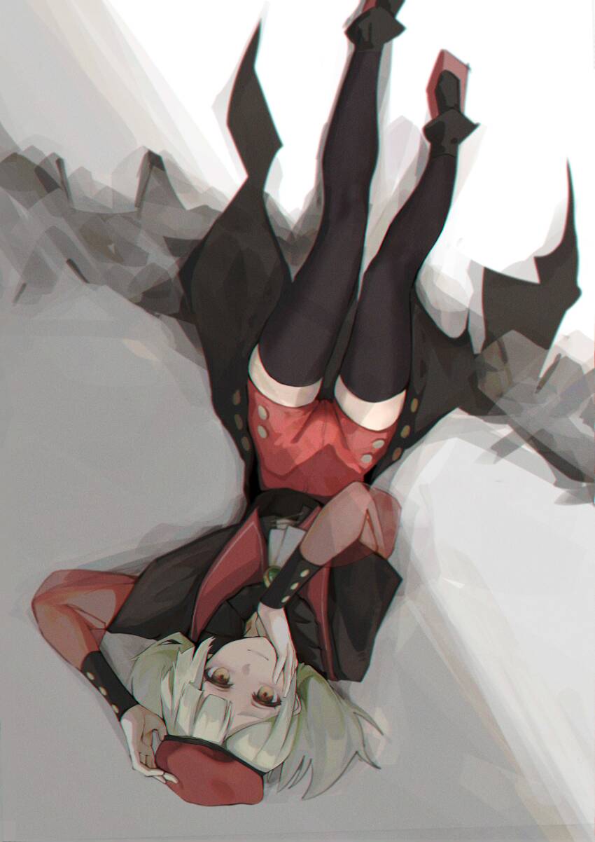 1girl absurdres bang_dream! bang_dream!_it&#039;s_mygo!!!!! black_thighhighs coat green_hair hat highres jacket long_hair looking_at_viewer lying mortis_(bang_dream!) mortis_(costume)_(bang_dream!) mortis_(persona)_(bang_dream!) on_back shoes shorts skindentation tam_o&#039;_shanter thighhighs wakaba_mutsumi yellow_eyes yueyueniao zettai_ryouiki