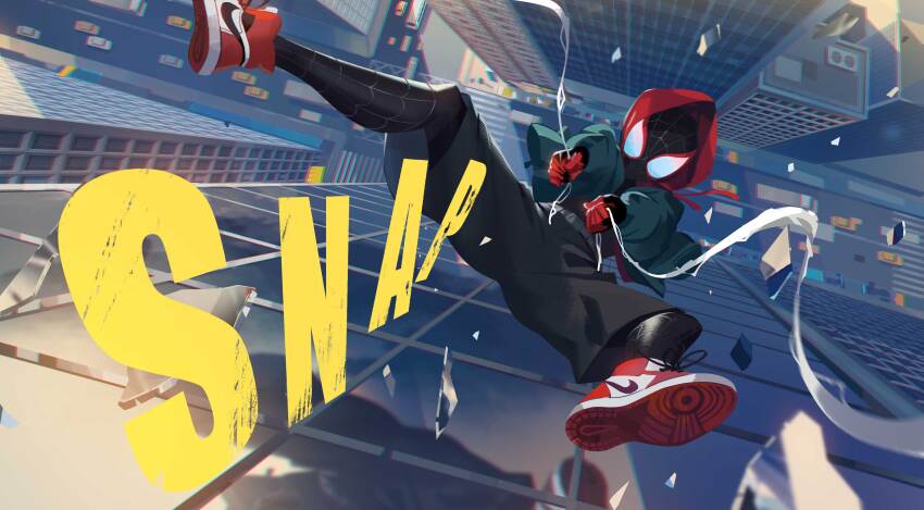 1boy 86_(nononononoway) absurdres air_jordan_1 animal_print belt black_bodysuit bodysuit building bus car chromatic_aberration city day english_text falling from_above full_body glass glass_shards halftone highres hood hooded_bodysuit hoodie jacket leap_of_faith marvel mask miles_morales motor_vehicle multicolored_bodysuit outdoors print_bodysuit reflection reflective_wall road rooftop shadow shoes shorts silk skyscraper sound_effects spider-man:_into_the_spider-verse spider-man_(series) spider-verse spider_print spider_web spider_web_print superhero_costume two-tone_bodysuit