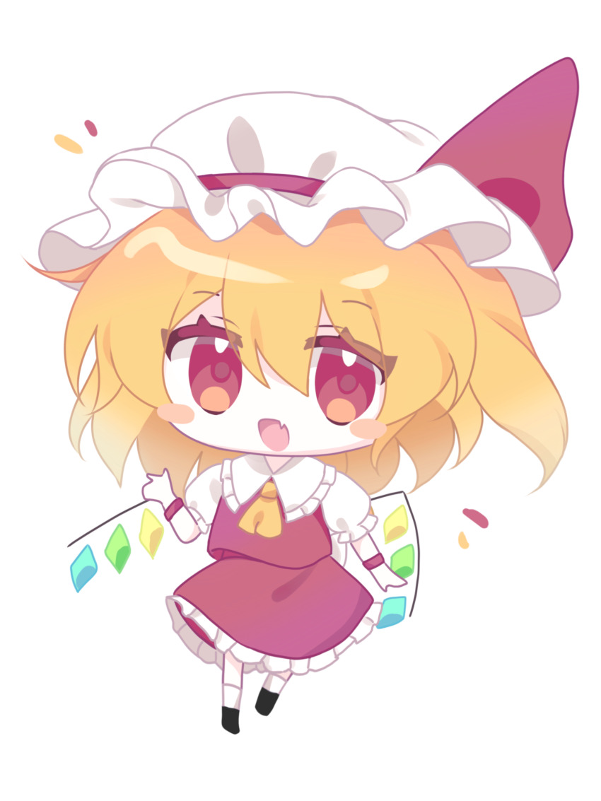 1girl absurdres ascot black_footwear blonde_hair blush_stickers chibi chibi_only chinese_commentary commentary_request crystal empty401 fang flandre_scarlet full_body hair_between_eyes hat hat_ribbon highres looking_at_viewer mob_cap multicolored_wings open_mouth red_eyes red_ribbon red_skirt red_vest ribbon short_hair simple_background skin_fang skirt skirt_set socks solo standing touhou vest white_background white_hat white_socks wings wrist_cuffs yellow_ascot