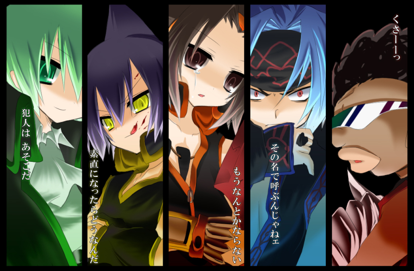 5boys afro asakura_yoh bad_id bad_pixiv_id bandana black_hair blue_hair brown_eyes brown_hair chocolove_mcdonell column_lineup dark_skin green_eyes green_hair hairband headphones jewelry lyserg_diethel male_focus multiple_boys nemokochi purple_hair red_eyes shaman_king short_hair sunglasses tao_ren tears tetsu_tissue usui_horokeu yellow_eyes