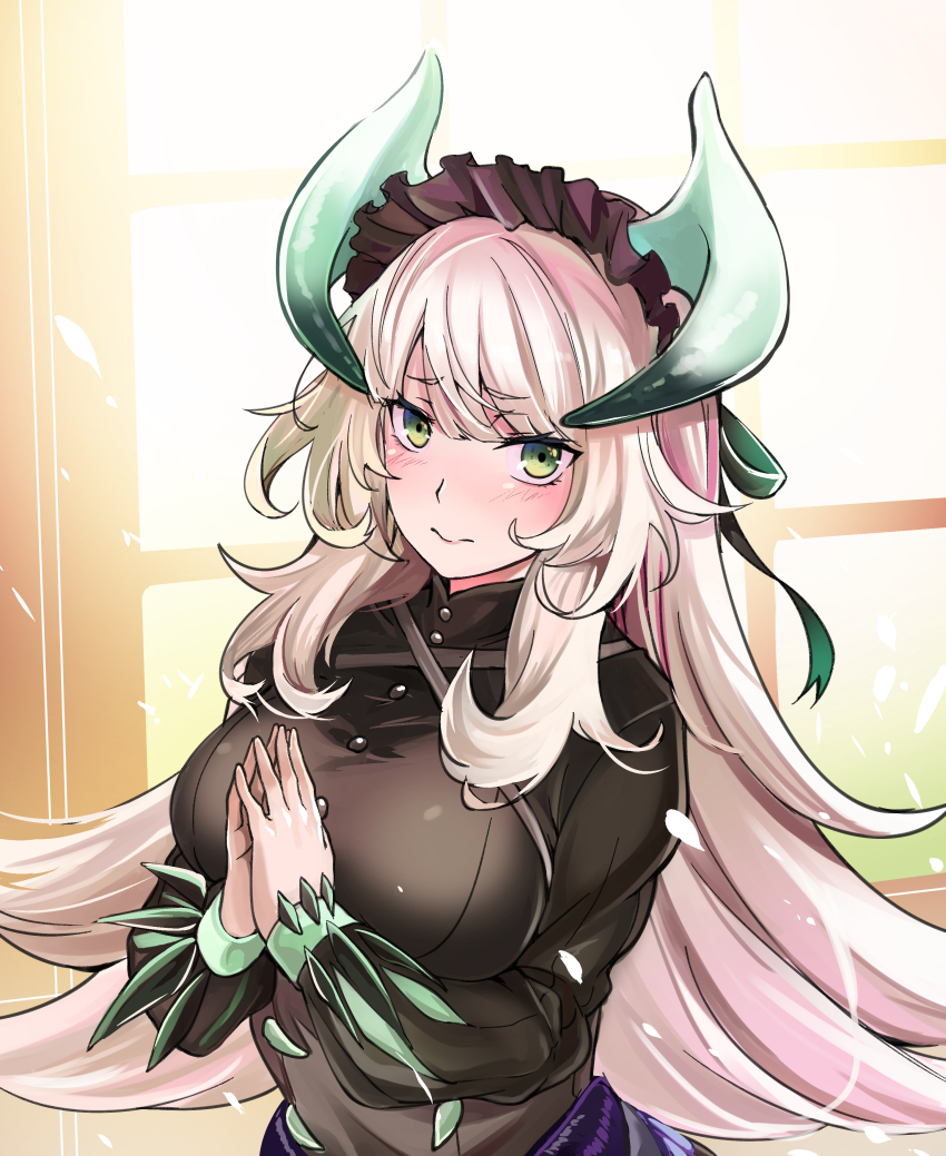 1girl absurdres black_dress blush breasts chamber_dragonmaid closed_mouth dragon_girl dragon_horns dress duel_monster green_eyes hair_between_eyes highres horns jeffrey10 large_breasts long_hair long_sleeves looking_at_viewer maid maid_headdress own_hands_together solo white_hair window yu-gi-oh!