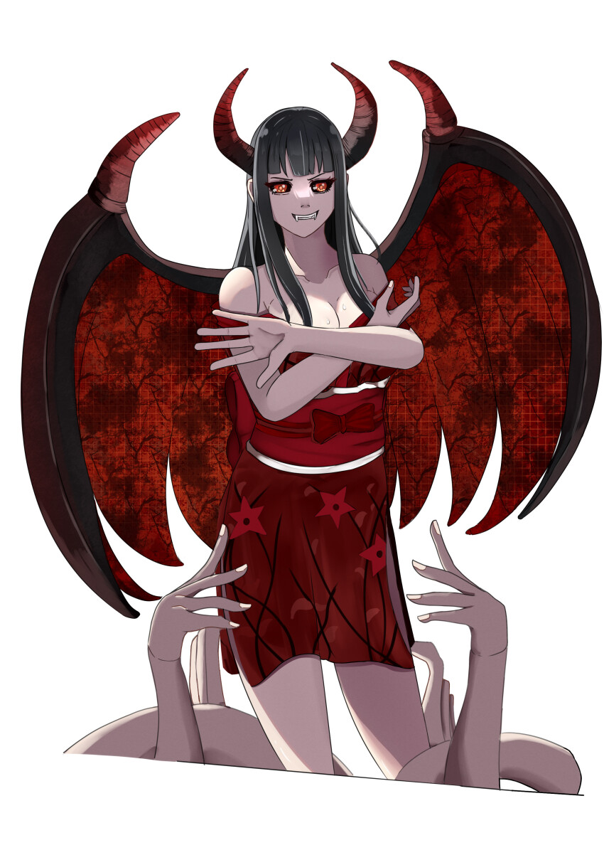 1girl absurdres black_hair blunt_bangs breasts cleavage commentary cowboy_shot crossed_arms demonio_fleur devil_fruit_power extra_arms fangs hana_hana_no_mi highres horns japanese_clothes kimono long_hair looking_at_viewer mhytical01 nico_robin obi one_piece red_eyes red_horns red_kimono red_sash sash short_kimono smile solo white_background white_nails wings