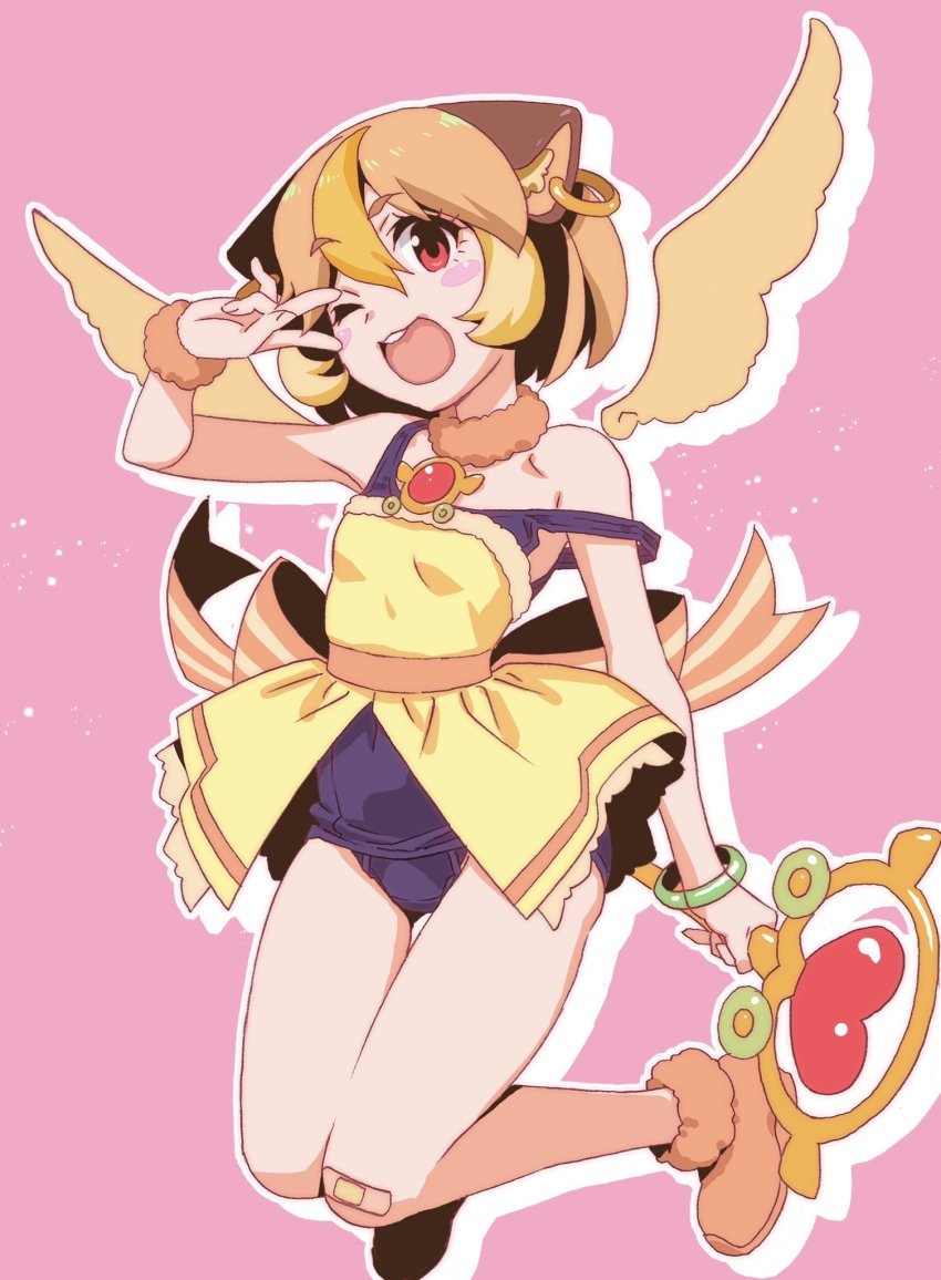 animal_ears bandaid bandaid_on_knee bandaid_on_leg blush blush_stickers bob_cut boots bow bowtie bracelet brown_hair collar dress earrings fur_boots highres hoop_earrings jewelry jumping magical_girl morumi multicolored_hair one_eye_closed open_mouth outline pendant pink_background pui_pui_molcar red_eyes school_swimsuit solo strap_slip swimsuit swimsuit_under_clothes teeth two-tone_hair v wand watanabe_akio wings