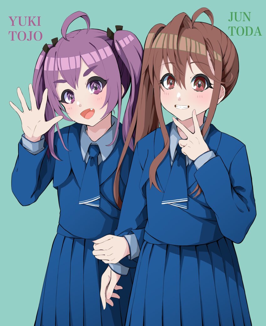 22/7 2girls :d ahoge arm_hug black_bow black_scrunchie blue_dress blue_necktie boku_ga_motteru_mono_nara bow brown_eyes brown_hair character_name dress fang green_background grin hair_ornament hair_scrunchie high_side_ponytail highres inward_v lionmaru0808 long_hair long_sleeves looking_at_viewer multiple_girls necktie open_hand open_mouth pleated_dress purple_eyes purple_hair scrunchie shirt sidelocks simple_background smile standing teeth toda_jun tojo_yuki twintails v white_shirt