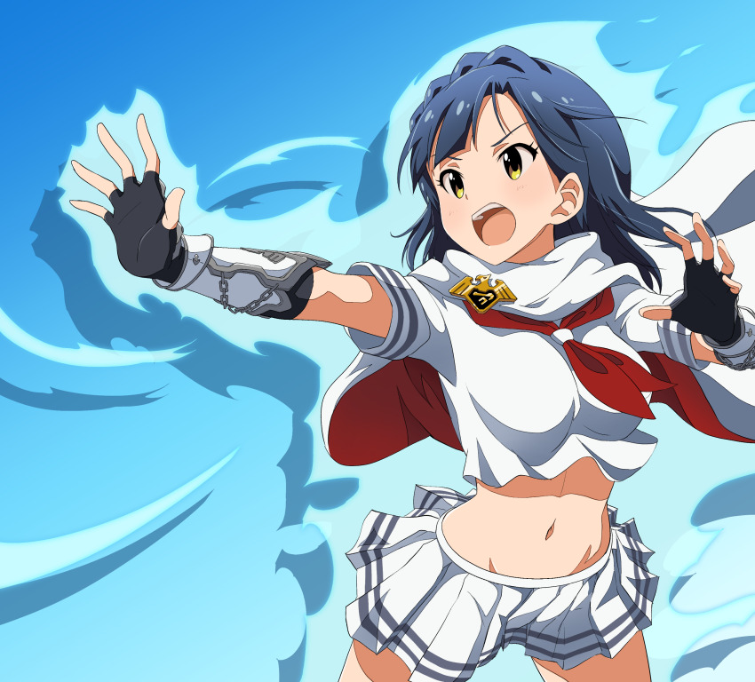 absurdres amulet asanaya aura black_gloves black_thighhighs blue_hair braid breasts cloak crop_top fighting_stance fingerless_gloves gauntlets gloves highres idol_heroes_(idolmaster) idolmaster idolmaster_million_live! idolmaster_million_live!_theater_days large_breasts medium_hair mighty_sailor miniskirt nanao_yuriko navel neckerchief open_mouth pleated_skirt red_neckerchief school_uniform serafuku shirt skirt standing stomach teeth thighhighs white_cloak white_shirt white_skirt yellow_eyes