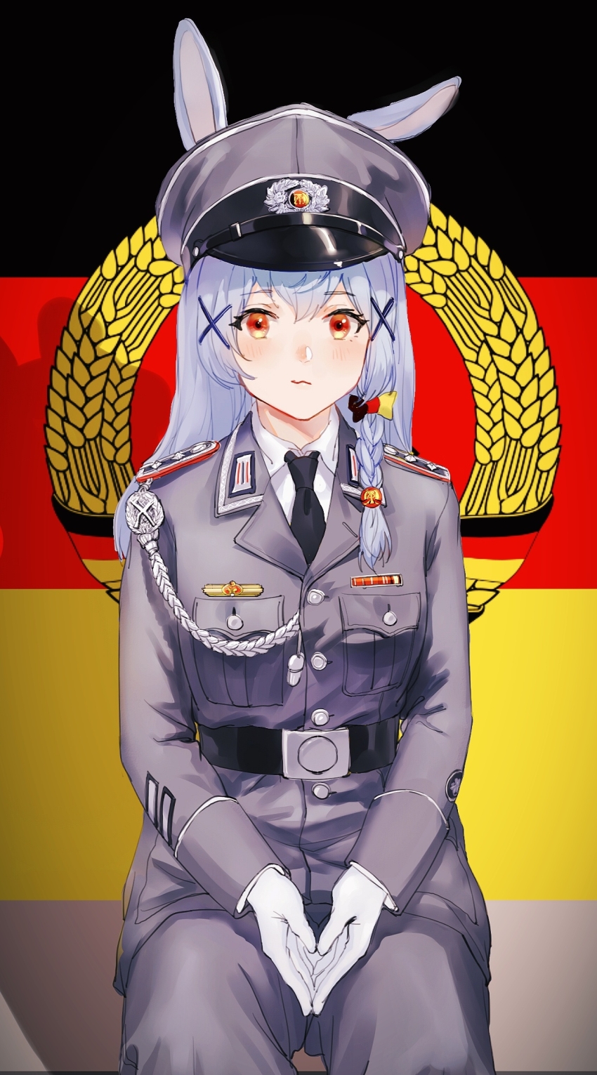 aiguillette animal_ears belt belt_buckle black_boots blue_hair boots braid buckle east_german_flag east_germany epaulettes hair_ornament hairpin hat highres military_hat military_uniform nationale_volksarmee original rabbit_ears shadow single_braid tuziki_sang x_hair_ornament
