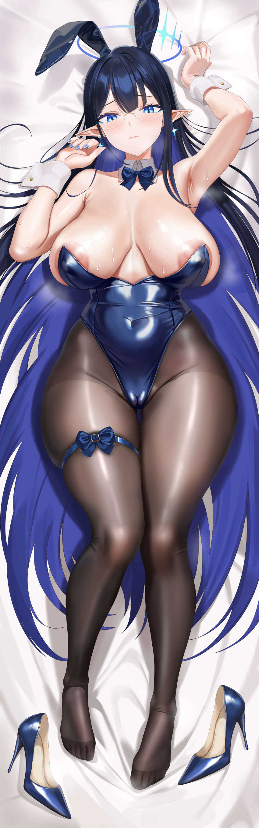 1girl absurdres animal_ears areola_slip arm_up armpits bare_shoulders black_hair blonde_hair blue_archive blue_eyes blue_leotard blush bow bowtie cameltoe colored_inner_hair covered_navel detached_collar full_body glasses highleg highleg_leotard highres jinpaitugounan leotard looking_at_viewer multicolored_hair pantyhose playboy_bunny pointy_ears rabbit_ears rin_(blue_archive) slit_pupils solo strapless strapless_leotard thighband_pantyhose toes wrist_cuffs