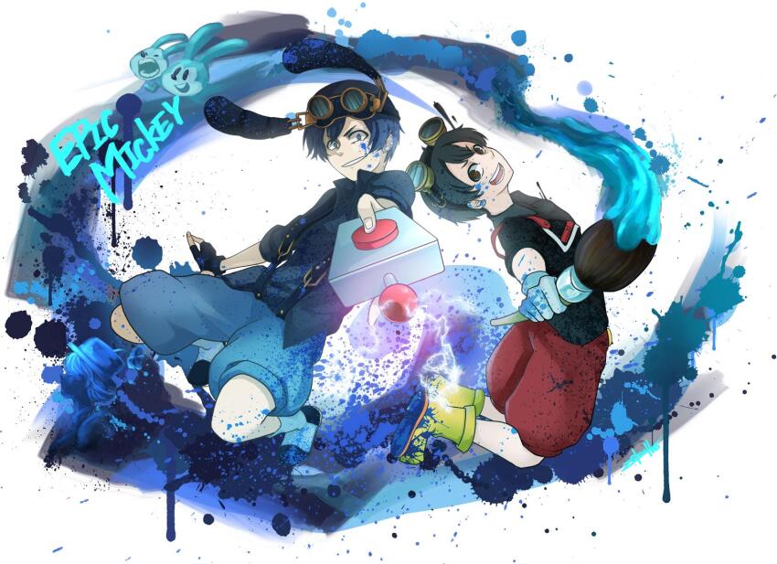 2boys animal_ears black_hair blue_eyes disney epic_mickey gloves highres holding humanization looking_at_viewer male_focus mickey_mouse mickey_mouse_&amp;_friends multiple_boys open_mouth oswald_the_lucky_rabbit paintbrush rabbit_boy shirt shorts smile zekuthon