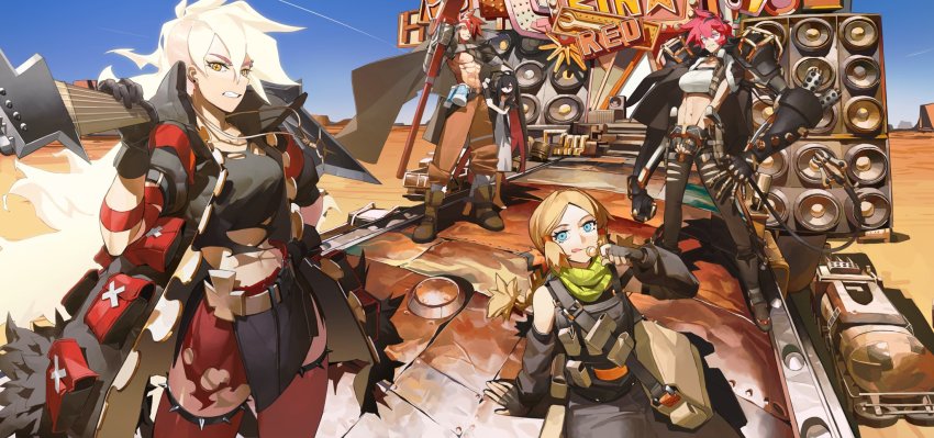 1boy 4girls abs ahoge alchemy_stars bag barefoot belt black_gloves black_hair blonde_hair blue_eyes boots braid breasts candy coat cuffs detached_sleeves dress eve_(alchemy_stars) eyebrow_piercing face_piercing fingerless_gloves food gloves guitar gun hair_over_one_eye handcuffs headband highres holster holstered instrument jewelry joanie_boom_(alchemy_stars) jona_(alchemy_stars) knifedragon large_breasts lollipop long_hair mechabare mechanical_arms mechanical_tail medium_breasts midriff multicolored_hair multiple_girls muscular navel navel_piercing necklace official_art orange_eyes parted_bangs pectorals piercing purple_eyes red_eyes red_hair red_legwear regina_(alchemy_stars) short_hair sinsa_(alchemy_stars) sky speaker symbol-shaped_pupils tail thighhighs thighs torn_clothes twin_braids very_long_hair weapon white_dress white_hair white_headband wrench