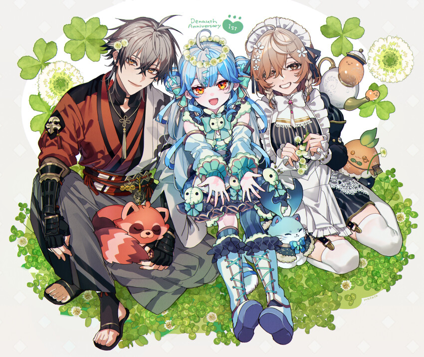 1boy 2girls :d ahoge anniversary asymmetrical_legwear blue_hair bracer braid breasts brown_eyes brown_hair denauth detached_sleeves flower flower_wreath garter_straps grin hair_flower hair_ornament hair_over_one_eye highres kinji_(staminazuke) klara_charmwood looking_at_viewer maid maid_headdress medium_breasts medium_hair mismatched_legwear multicolored_hair multiple_girls nijisanji nijisanji_en open_mouth orange_eyes outstretched_hand ryoma_barrenwort short_hair single_leg_pantyhose sitting smile spiritmate_(twisty_amanozako) streaked_hair thighhighs toes triple_ahoge twin_braids twisty_amanozako virtual_youtuber white_hair white_thighhighs