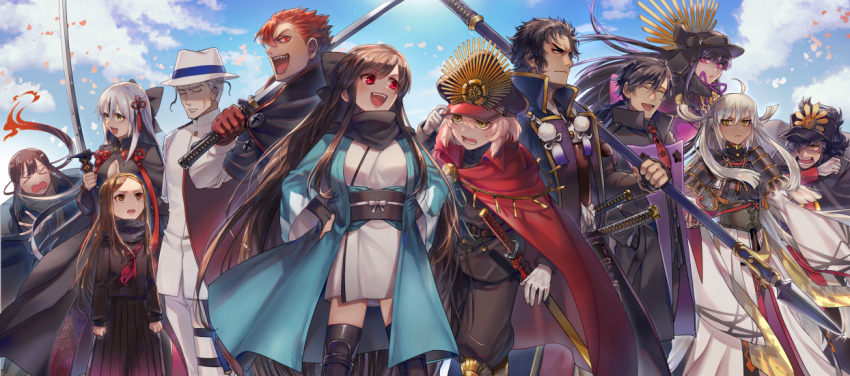 6+boys 6+girls ahoge arm_guards armor armored_dress black_armor black_bow black_coat black_hair black_scarf black_shirt bow breasts cape chacha_(fate) coat corset cosplay costume_switch crest dark_skin dress family_crest fate/grand_order fate_(series) fedora fiery_hair formal_clothes grey_scarf hair_between_eyes hair_bow hair_over_one_eye haori hat hijikata_toshizou_(fate) japanese_armor japanese_clothes katana kimono koha-ace li_shuwen_(fate/grand_order) long_hair medium_breasts midriff military_hat mori_nagayoshi_(fate) mozusuka multicolored_hair multiple_boys multiple_girls nagao_kagetora_(fate) neckerchief oda_nobukatsu_(fate) oda_nobunaga_(fate) oda_nobunaga_(fate)_(cosplay) oda_nobunaga_(koha-ace) oda_uri okada_izou_(fate) okita_souji_(fate) okita_souji_(koha-ace) okita_souji_(koha-ace)_(cosplay) okita_souji_alter_(fate) oryou_(fate) polearm red_cape red_eyes sakamoto_ryouma_(fate) sash scarf shinsengumi shirt short_kimono sideboob spear streaked_hair suit sword tassel thighs torn_clothes torn_neckerchief two-tone_hair uncle_and_niece very_long_hair weapon white_hair white_headwear white_kimono white_suit yellow_eyes yellow_sash