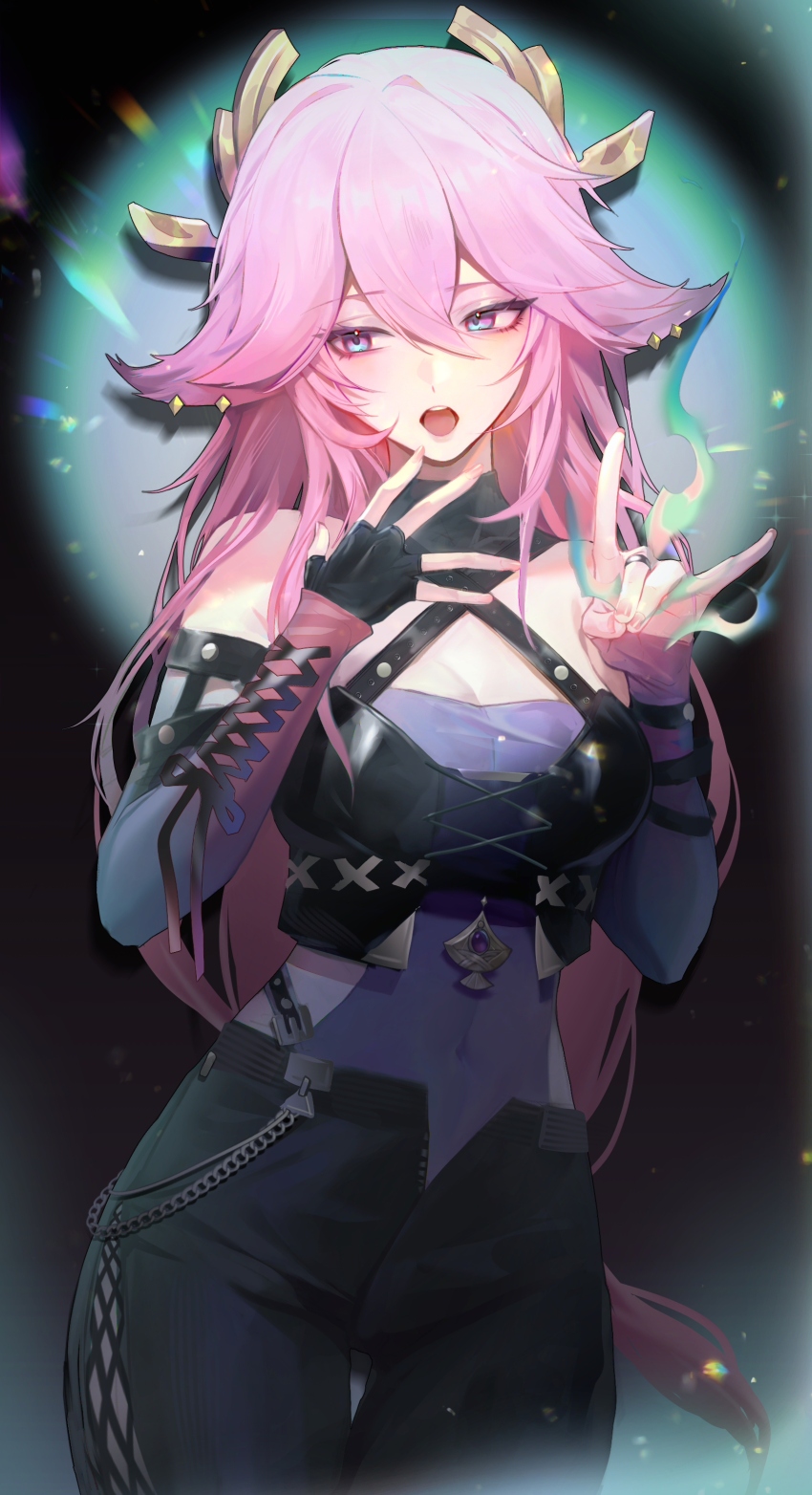 1girl \n/ absurdres alternate_costume animal_ear_piercing animal_ears bare_shoulders black_background black_gloves black_pants breasts cleavage commentary_request contemporary covered_navel criss-cross_straps fingerless_gloves fingernails fox_ears fox_girl genshin_impact gloves hair_between_eyes hands_up headpiece highres jewelry large_breasts long_fingernails long_hair looking_at_viewer maoy123 multicolored_eyes open_mouth open_pants pants pink_hair ring single_glove solo spotlight teeth two-tone_eyes upper_teeth_only very_long_hair vision_(genshin_impact) yae_miko