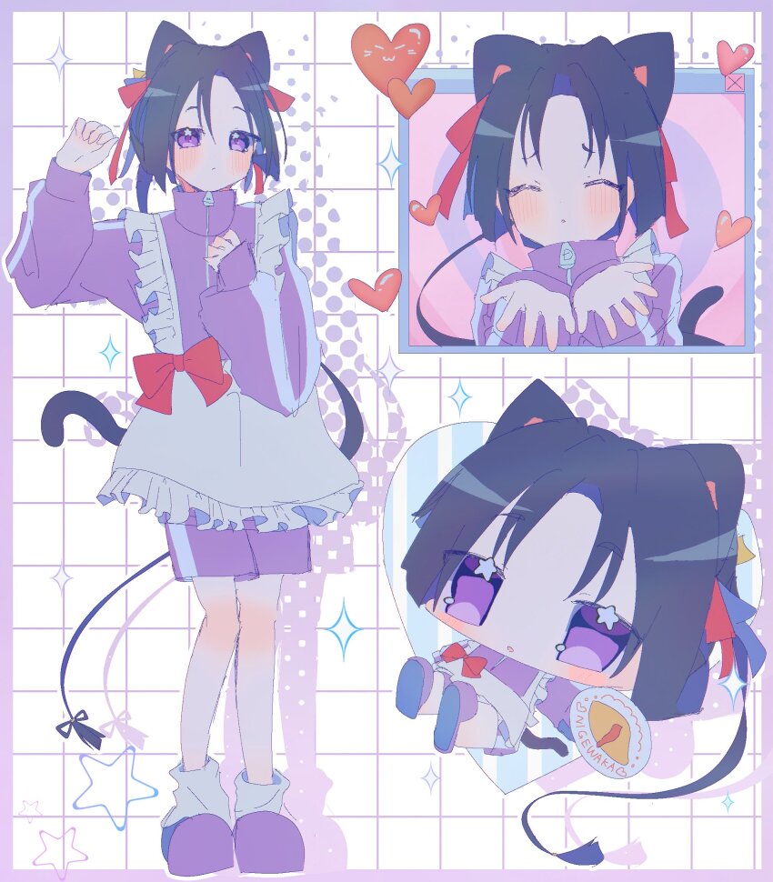 +_+ 1boy :o ^_^ animal_ears apron ben-day_dots black_hair blush border bow bow_apron cat_ears cat_tail chibi chibi_inset closed_eyes curled_fingers drop_shadow expressionless food frilled_apron frilled_suspenders frills grid hair_bow hamyahaya hand_on_own_chest hand_up hands_up heart highres holding holding_plate houjou_tokiyuki_(nige_jouzu_no_wakagimi) jaggy_lines jersey_maid long_hair long_sleeves looking_at_viewer loose_socks low-tied_long_hair maid male_focus multiple_views nige_jouzu_no_wakagimi omelet outline outside_border parted_bangs plate ponytail purple_border purple_eyes purple_footwear purple_shorts purple_track_suit raised_eyebrows red_bow red_ribbon ribbon screentones shorts sidelocks_tied_back slippers socks sparkle sparkling_eyes star_(symbol) striped_background suspenders tail unconventional_maid vaporwave very_long_hair white_outline white_socks window_(computing) zipper