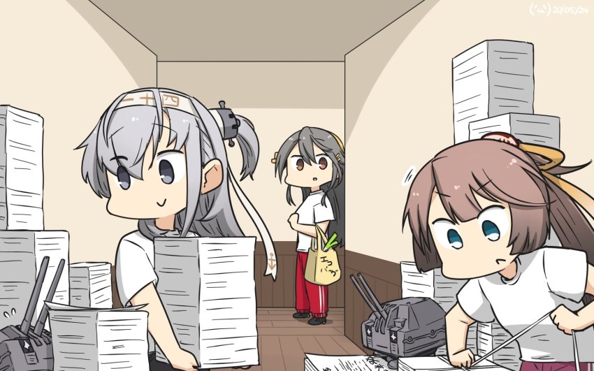 2others 3girls alternate_costume black_hair brown_eyes brown_hair chou-10cm-hou-chan chou-10cm-hou-chan_(suzutsuki&#039;s) clothes_writing commentary_request dated grey_eyes hair_ribbon hairband hallway hamu_koutarou haruna_(kancolle) headband headgear highres kantai_collection kazagumo_(kancolle) long_hair multiple_girls multiple_others one-hour_drawing_challenge one_side_up pants paper_stack ponytail purple_pants red_pants ribbon shirt silver_hair suzutsuki_(kancolle) t-shirt track_pants white_headband white_shirt
