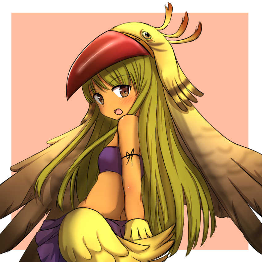 1girl :o animal_costume bird_hood brown_background brown_eyes dark-skinned_female dark_skin eiyuu_senki flat_chest green_hair highres long_hair looking_at_viewer looking_back midriff open_mouth rakuto89 simple_background solo standing wayna_qhapaq_(eiyuu_senki)