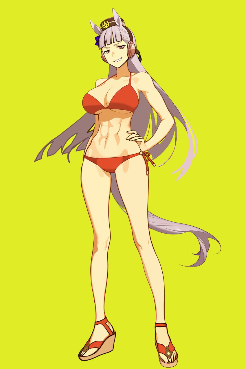 1girl absurdres animal_ears bikini blue_bow bow breasts gold_ship_(umamusume) green_background grey_hair high_heels highres horse_ears horse_girl horse_tail kisaragi_shokuin large_breasts long_hair long_legs purple_eyes red_bikini solo swimsuit tail umamusume