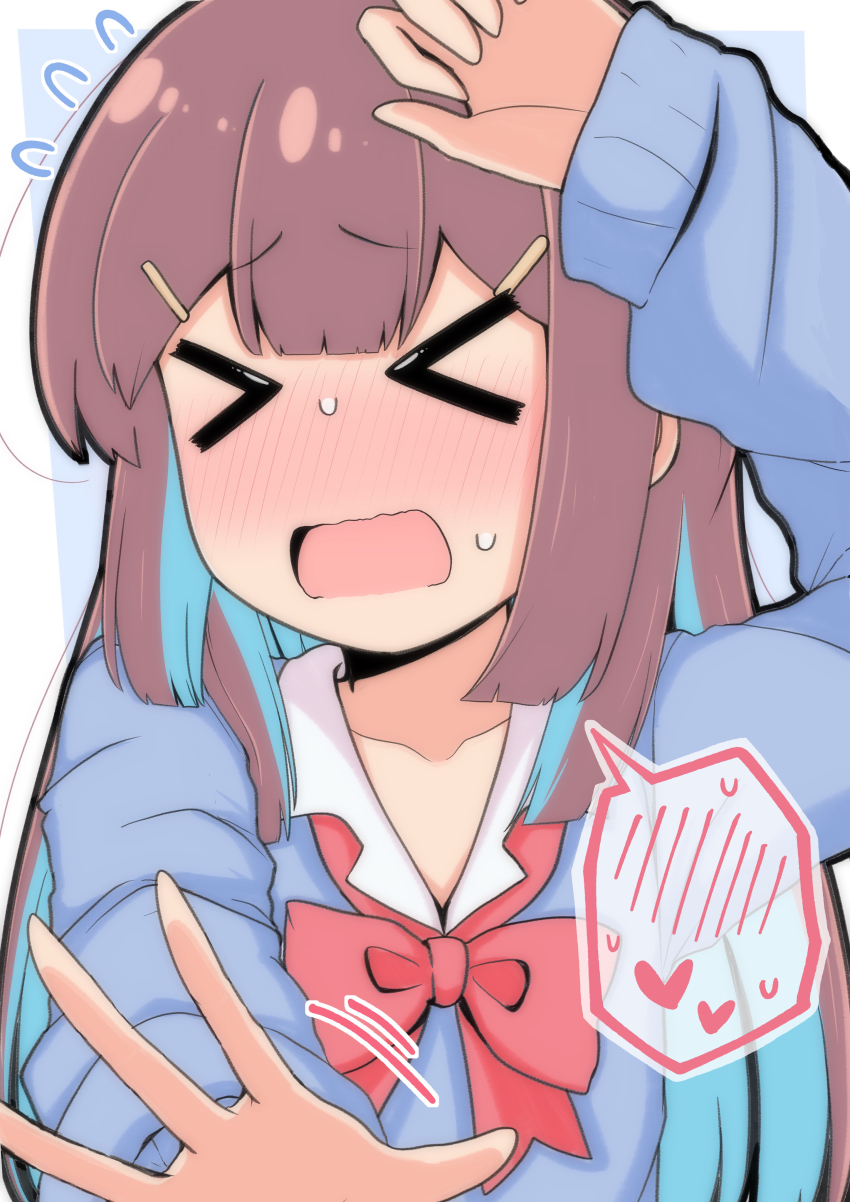 &gt;_&lt; 1girl absurdres arm_up blue_hair blue_sweater blunt_bangs blush bow bowtie brown_hair commentary d: double-parted_bangs dx embarrassed flying_sweatdrops gyaru hair_ornament hairclip heart highres hiro_(05112423) hozuki_momiji long_hair long_sleeves multicolored_hair nose_blush official_alternate_hair_length official_alternate_hairstyle onii-chan_wa_oshimai! open_mouth red_bow red_bowtie simple_background solo spoken_blush spoken_heart sweater two-tone_hair upper_body