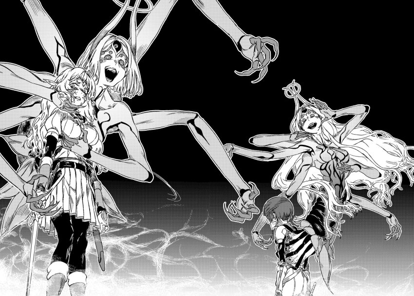 4girls alicia_forestlight armor arthropod_girl belt body_markings breasts dress dungeon_ni_deai_wo_motomeru_no_wa_machigatteiru_darou_ka elf extra_arms extra_eyes grabbing_another&#039;s_breast greyscale groping haimura_kiyotaka hand_on_another&#039;s_chin highres holding holding_sword holding_weapon insect_girl long_hair medium_breasts monochrome monster_girl multiple_girls narvi_roll no_nipples novel_illustration nude official_art open_mouth pants parasite pauldrons pleated_dress pointy_ears short_hair shoulder_armor spider_girl sword sword_oratoria third-party_source veiny_face weapon