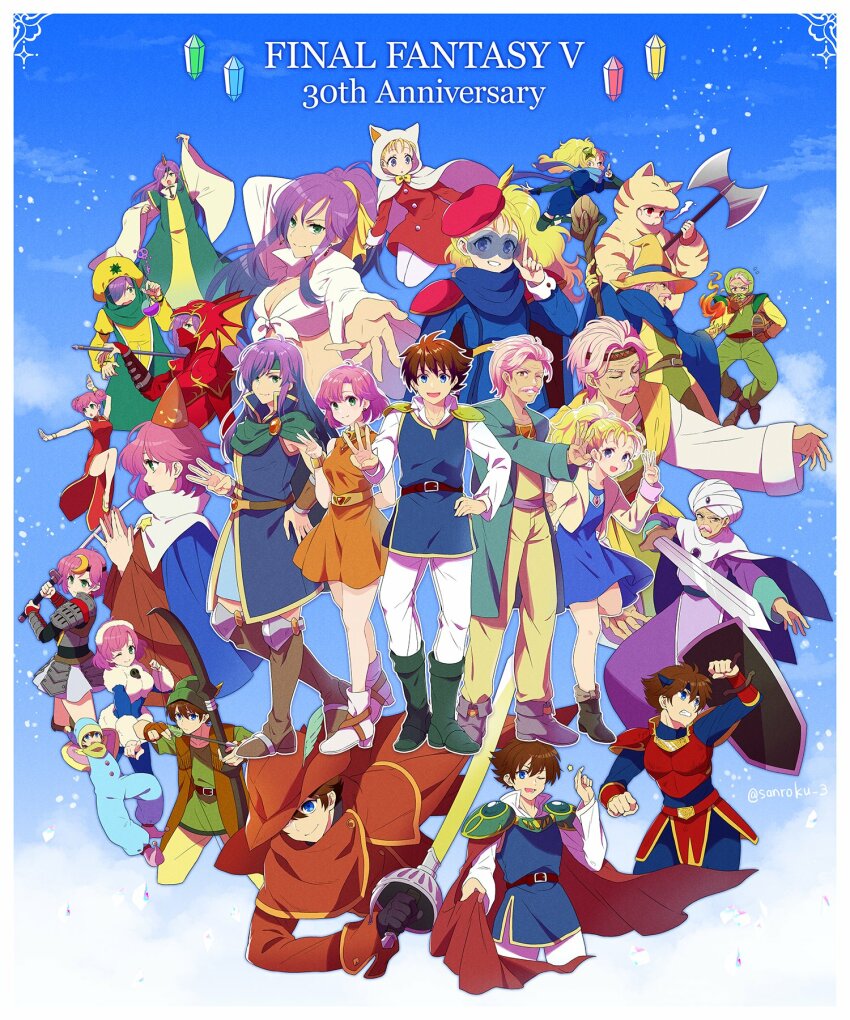 2boys 3girls animal_hood anniversary armor axe blonde_hair brown_hair bartz_klauser cape cat_hood china_dress chinese_clothes copyright_name crystal dress facial_hair faris_scherwiz fighting_stance final_fantasy final_fantasy_v galuf_halm_baldesion grey_hair hat highres holding holding_weapon hood krile_mayer_baldesion_(ff5) lenna_charlotte_tycoon looking_at_viewer mask multiple_boys multiple_girls multiple_persona mustache official_alternate_costume pink_hair purple_hair robe sanroku_3 shoulder_armor sword turban weapon wizard_hat