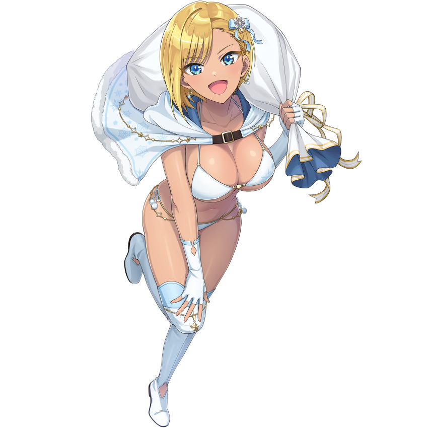 1girl bikini blonde_hair blue_eyes bow breasts capelet christmas cleavage dark-skinned_female dark_skin dolphin_wave fingerless_gloves fur-trimmed_capelet fur_trim game_cg gloves hair_bow hand_on_own_knee highres holding holding_sack large_breasts leaning_forward leg_up looking_at_viewer murahaya_mashio non-web_source official_art ootomo_takuji open_mouth sack short_hair smile snowflake_ornament solo swept_bangs swimsuit tan thighhighs transparent_background white_bikini white_capelet white_gloves white_thighhighs