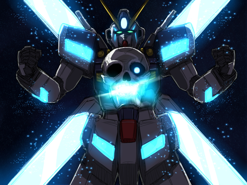 10s crossbone_gundam_maoh glowing glowing_eyes green_eyes gundam gundam_build_fighters light_particles mecha no_humans robot ron_(satosi121) satellite_cannon satosi121 sketch skull skull_and_crossbones solo