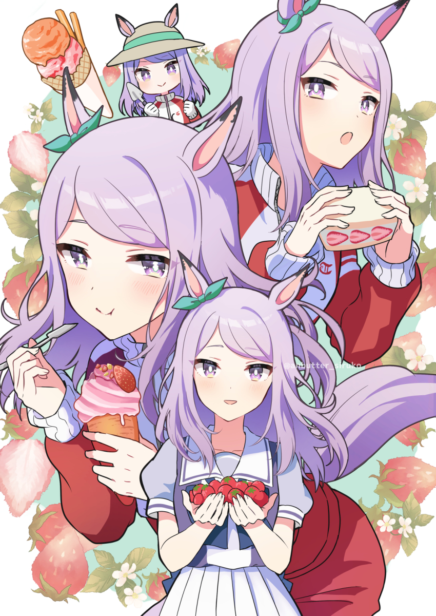 1girl alternate_costume anbutter_siruko animal_ears breasts cake collarbone commentary_request eating food fruit hat highres horse_ears horse_girl ice_cream jacket looking_at_viewer mejiro_mcqueen_(umamusume) open_mouth purple_eyes school_uniform small_breasts smile solo strawberry track_jacket twitter_username umamusume