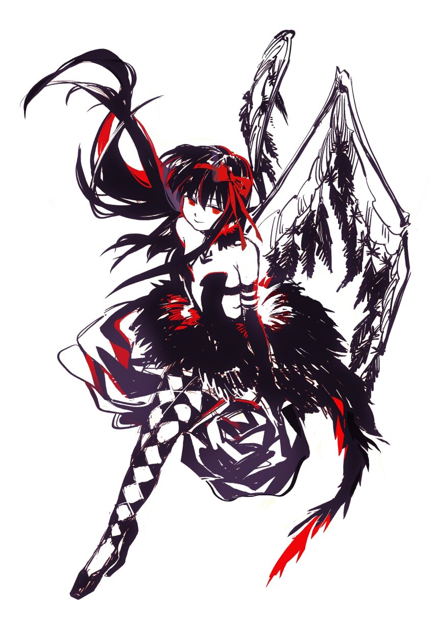 1girl absurdres akemi_homura akuma_homura argyle_clothes argyle_pantyhose black_dress black_wings bow chinese_commentary commentary dress feathered_wings floating_hair full_body hair_bow hairband highres limited_palette long_hair mahou_shoujo_madoka_magica mahou_shoujo_madoka_magica:_hangyaku_no_monogatari red_bow red_eyes red_hairband simple_background solo strapless strapless_dress very_long_hair white_background wings zgxuke