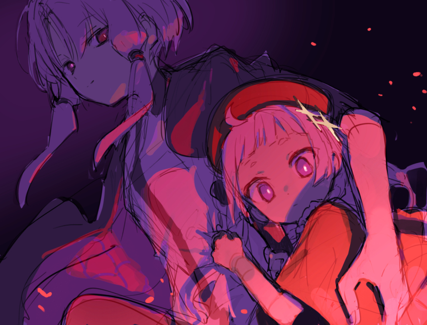 2girls a.i._voice arm_around_shoulder beret black_background black_jacket blunt_bangs bright_pupils closed_mouth clutching_clothes coat dutch_angle floating_hair gradient_background half-closed_eyes hat hitogome jacket jacket_on_shoulders kizuna_akari kizuna_akari_(tsubomi) light_particles light_smile long_hair looking_at_viewer multiple_girls purple_hair red_coat red_hat red_light short_eyebrows short_hair_with_long_locks sidelocks sketch sparkle_hair_ornament upper_body voiceroid white_pupils wide-eyed yuzuki_yukari yuzuki_yukari_(a.i._voice)