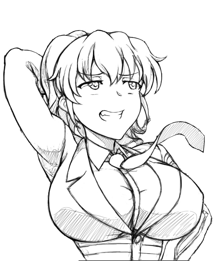 1girl arm_behind_head breasts grin highres large_breasts monochrome necktie ponytail school_uniform smile solo tomboyist umineko_no_naku_koro_ni ushiromiya_jessica