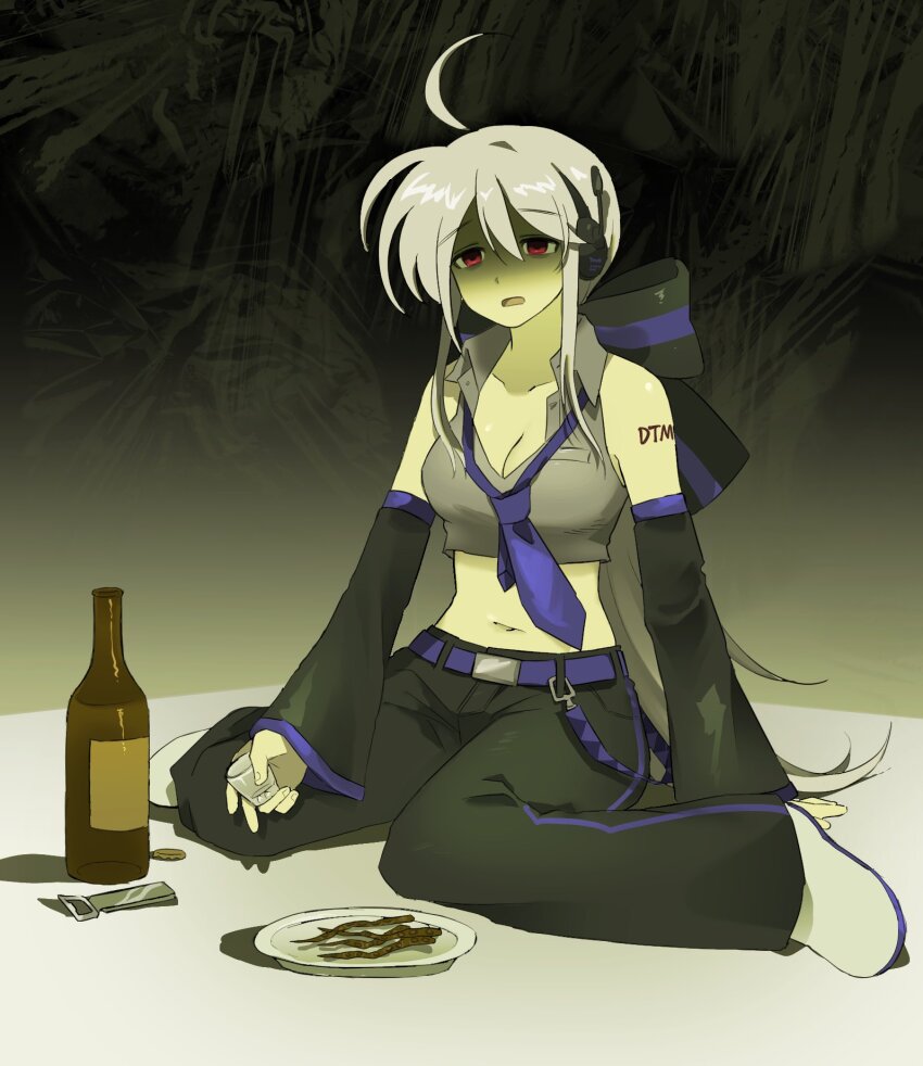 100_(hundredwell) 1girl ahoge arm_tattoo bare_shoulders beer_bottle belt black_bow black_pants black_sleeves bottle bottle_cap bottle_opener bow breasts cleavage collarbone crop_top cup detached_sleeves drinking_glass full_body grey_hair hair_between_eyes hair_bow headphones highres holding holding_cup korean_commentary long_hair long_sleeves low_ponytail medium_breasts microphone navel necktie open_mouth pants plate ponytail purple_belt purple_necktie red_eyes shadow shoes shot_glass single_vertical_stripe sitting solo tattoo very_long_hair vocaloid wariza white_shoes yowane_haku