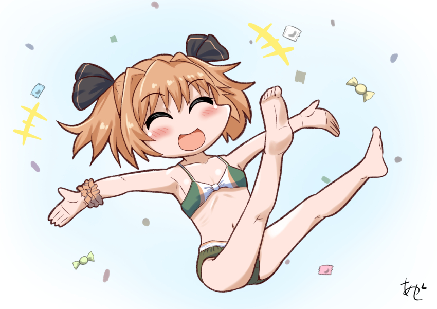 +++ 1girl adapted_costume akashieru alternate_costume barefoot bikini brown_hair brown_scrunchie candy commentary_request food full_body green_bikini hachijou_(kancolle) kantai_collection one-hour_drawing_challenge outstretched_arms scrunchie short_hair smile solo swimsuit two_side_up wrist_scrunchie