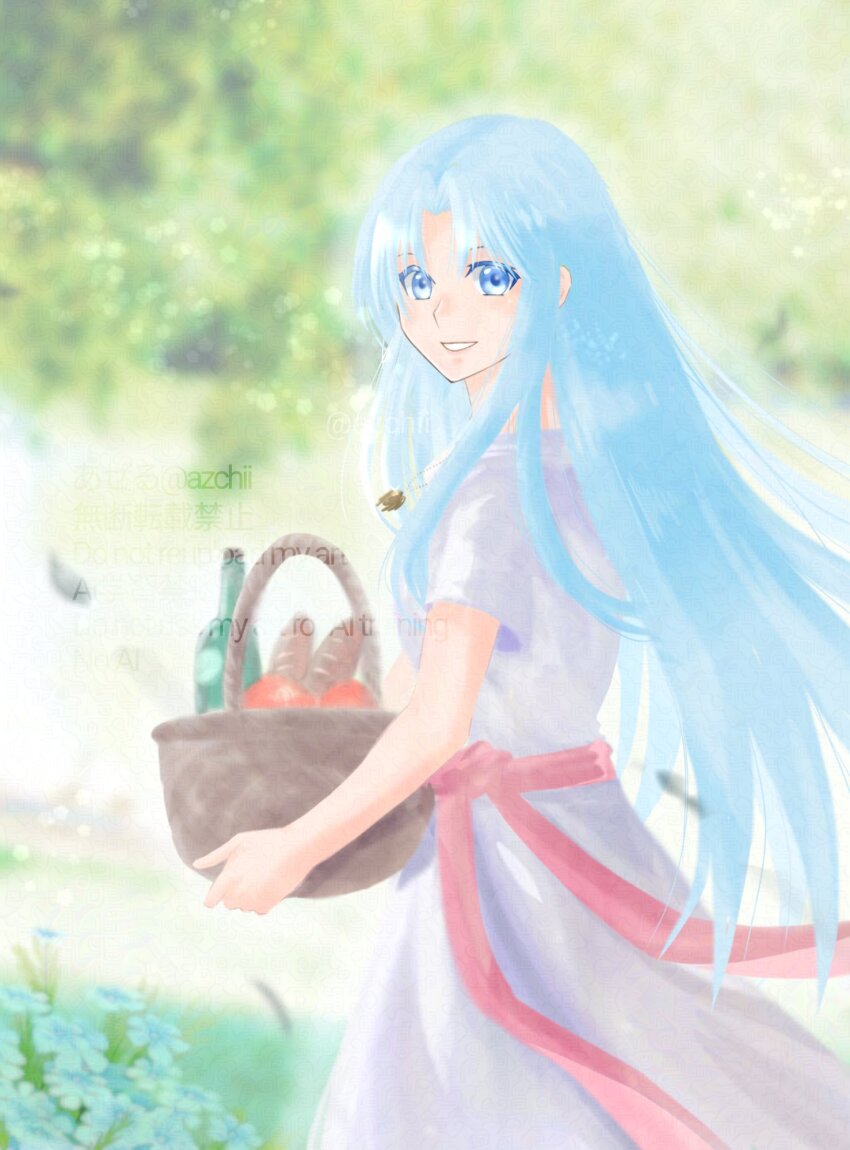 1girl ancient_ys_vanished apple azchii baguette basket blue_eyes blue_flower blue_hair blurry blurry_background bottle bread curtained_hair dress feena_(ys) floating_hair flower flower_request food fruit highres holding holding_basket long_hair looking_at_viewer outdoors short_sleeves sidelocks smile solo very_long_hair watermark white_dress wine_bottle ys