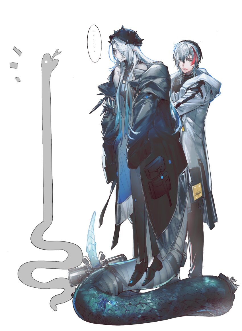... 1boy 1girl arknights black_coat coat elysium_(arknights) highres lifting_person long_hair mantra_(arknights) multicolored_hair old old_woman simple_background skolly snake snake_girl snake_tail speech_bubble spoken_ellipsis streaked_hair tail white_background white_coat white_hair