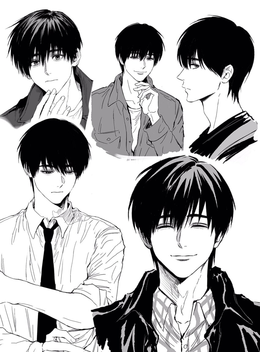 1boy character_request closed_eyes closed_mouth collared_shirt copyright_request facing_viewer fingernails highres looking_at_viewer male_focus multiple_views necktie shirt short_hair simple_background smile sso_s white_background