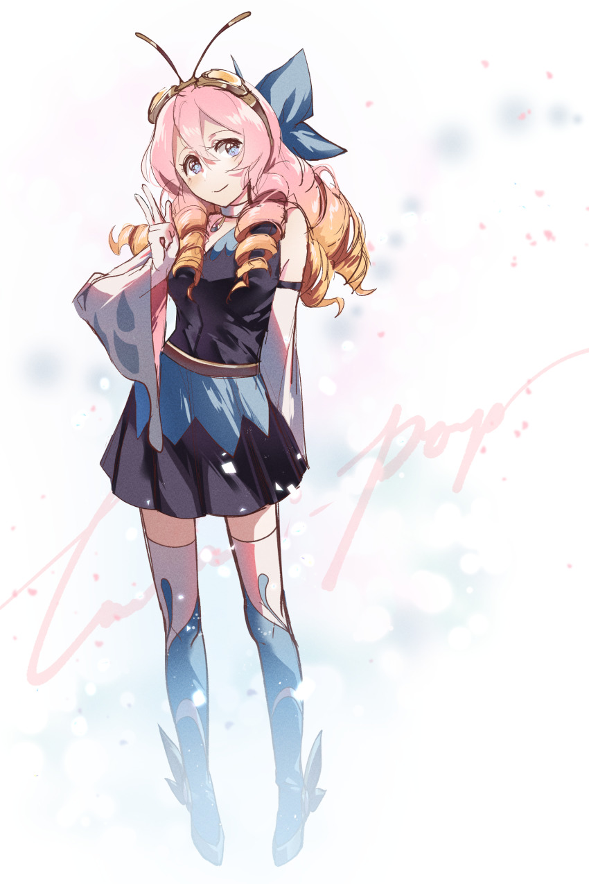 1girl absurdres antennae arm_at_side artist_name belt blue_bow blurry bow brawlhalla breasts bug butterfly calamaripop chitin choker cleavage closed_mouth collarbone commentary curly_hair depth_of_field detached_sleeves drill_hair english_commentary english_text full_body gloves goggles goggles_on_head gradient_hair hair_between_eyes hair_bow hand_up highres insect juliet_sleeves leaf long_sleeves looking_at_viewer medium_breasts messy_hair mole mole_under_eye multicolored_hair official_alternate_costume official_alternate_hair_length official_alternate_hairstyle official_art outdoors pendant_choker pink_hair pink_sleeves promotional_art puffy_sleeves purple_eyes quad_drills ringlets scarlet_(brawlhalla) scarlet_(puella_papilio)_(brawlhalla) shiny_clothes sidelocks signature simple_background smile soft_focus solo tareme v white_background white_choker white_gloves white_sleeves wide_sleeves wings yellow_belt