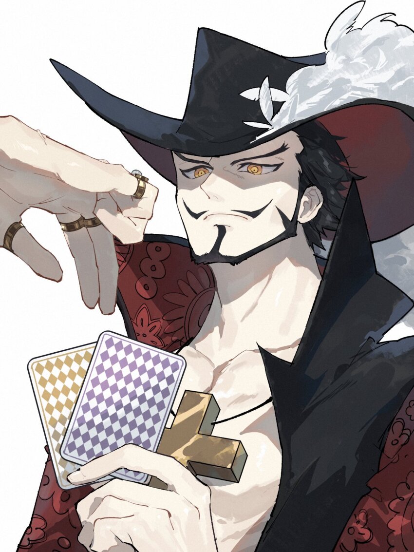 2boys beard card coat commentary_request cotton_(lana_de_lingo) crocodile_(one_piece) cross_pendant dracule_mihawk facial_hair forked_eyebrows hat_feather highres holding holding_card jewelry male_focus multiple_boys mustache one_piece ring ringed_eyes short_hair simple_background white_background yellow_eyes