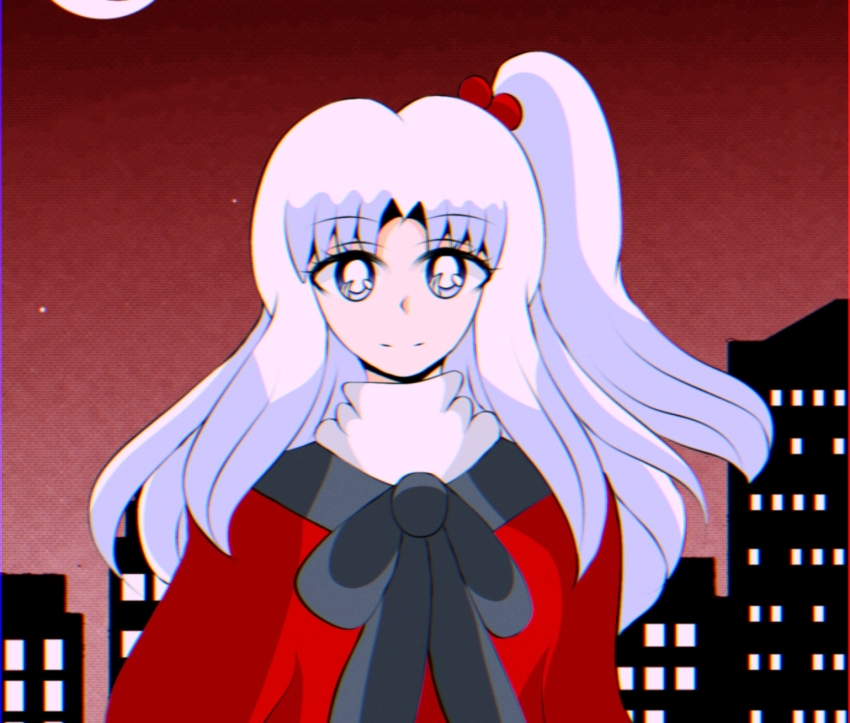1990s_(style) 1girl blue_eyes bow capelet cityscape dress grey_hair hair_bobbles hair_ornament highres long_hair mystic_square one_side_up retro_artstyle shinki_(touhou) short_hair smile solo static touhou touhou_(pc-98) white_hair yuuna_arlovskaya