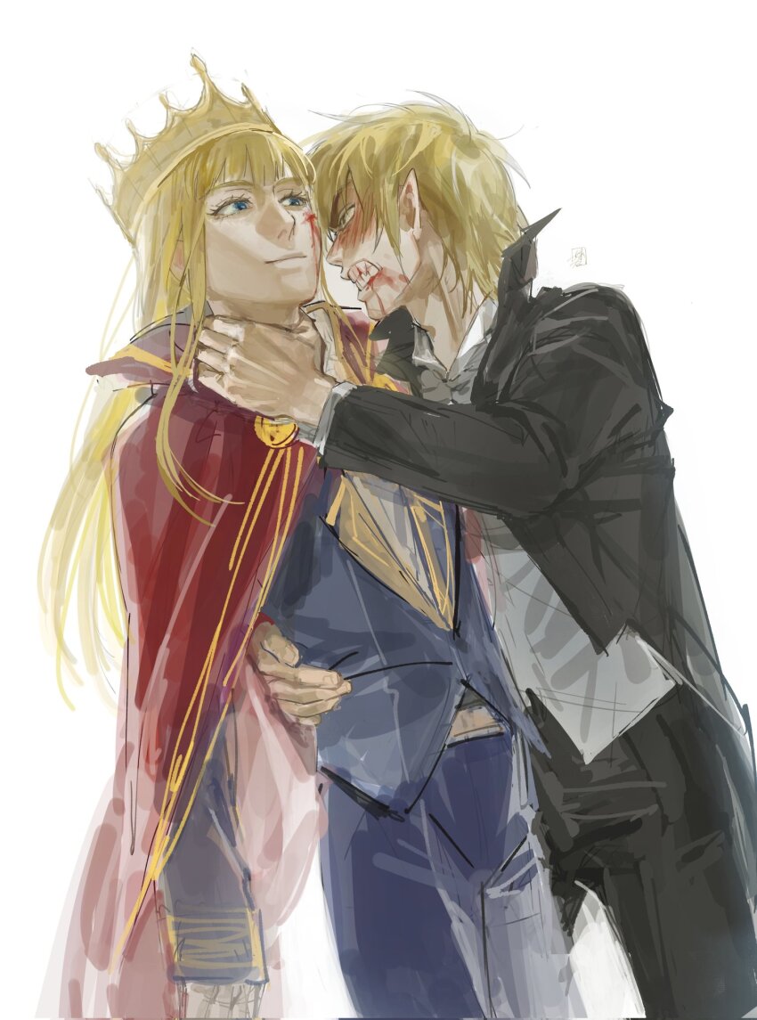 2boys alternate_costume blonde_hair blood blood_on_face blue_eyes canute cape closed_mouth collar crown eyelashes formal_clothes furehana hand_around_neck hand_on_another&#039;s_neck high_collar highres light_smile long_hair looking_at_another male_focus multiple_boys parted_lips pointy_ears sharp_teeth shirt simple_background standing suit teeth thorfinn vampire vinland_saga white_background white_shirt