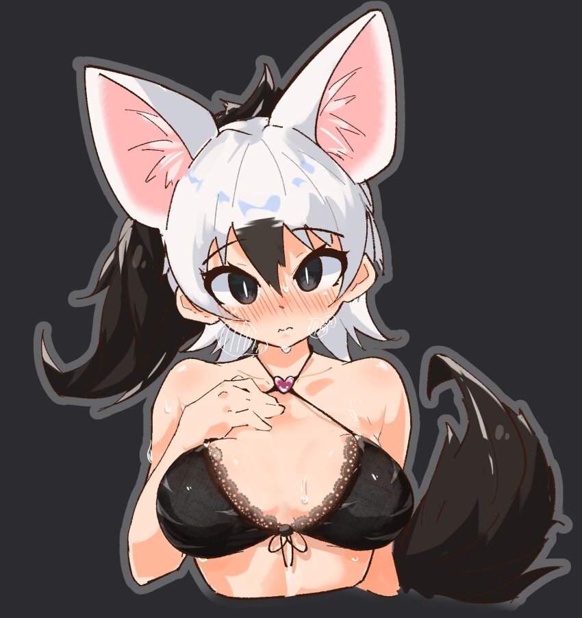 1girl aardwolf_(kemono_friends) animal_ears bare_shoulders black_bra black_hair blush bra breasts extra_ears front-tie_bra hair_between_eyes highres kemono_friends lace lace-trimmed_bra lace_trim large_breasts long_hair looking_at_viewer multicolored_hair ponytail solo tail two-tone_hair underwear wavy_mouth white_hair wonderful_waon
