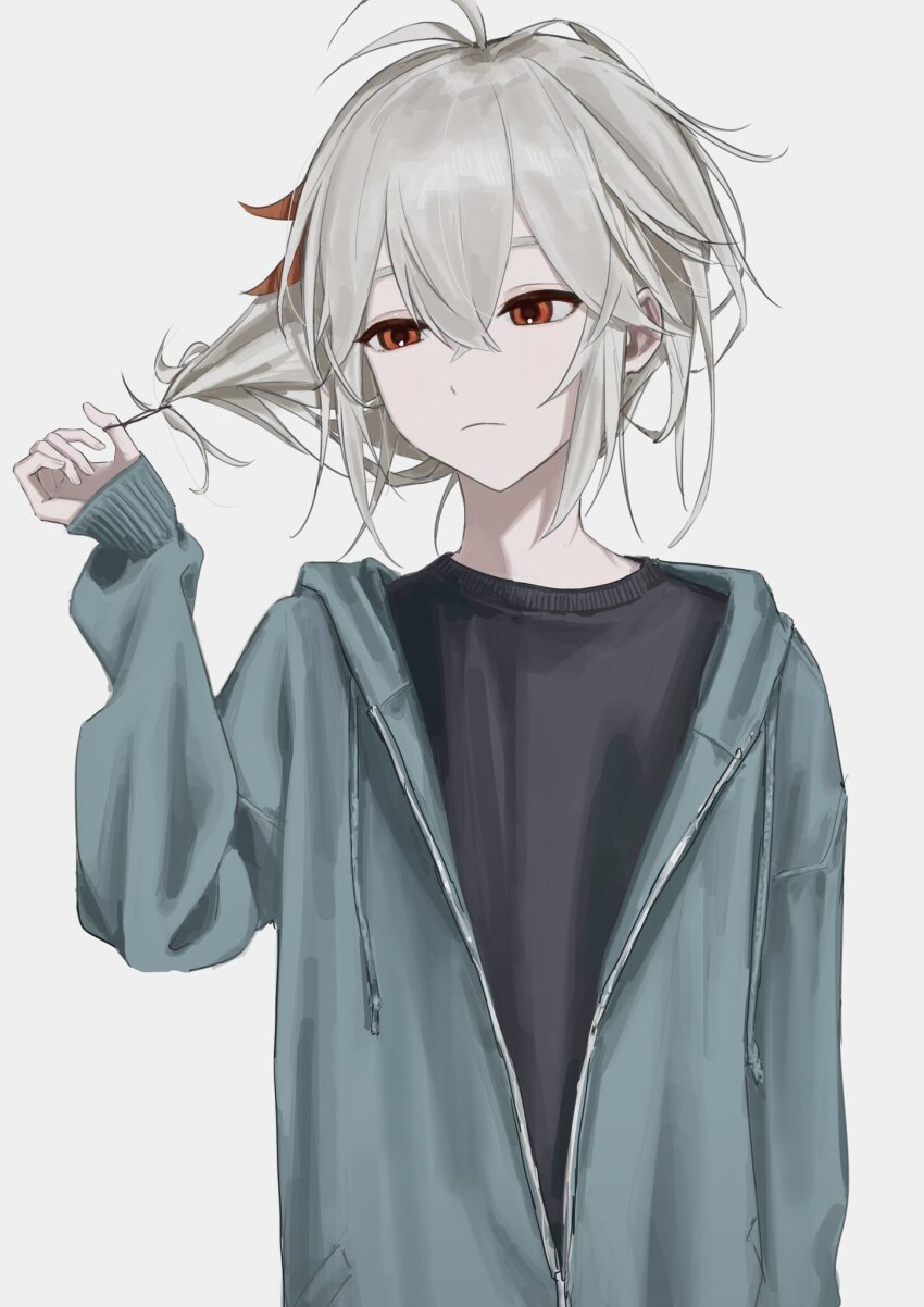 1boy alternate_costume black_shirt blue_jacket casual closed_mouth crossed_bangs genshin_impact grey_background grey_hair highres io_spr jacket kaedehara_kazuha long_sleeves male_focus messy_hair multicolored_hair open_clothes open_jacket red_eyes red_hair shirt simple_background solo streaked_hair untying_hair