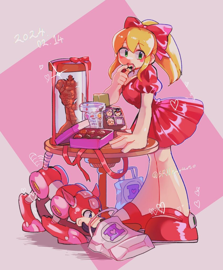 1girl armor auto_(mega_man) bag bass_(mega_man) blush_stickers chocolate dated dress food_in_mouth full_armor gift_wrapping green_eyes heart high_ponytail highres looking_at_viewer medium_hair mega_man_(character) mega_man_(classic) mega_man_(series) non-humanoid_robot ponytail proto_man red_dress red_footwear robot robot_animal robot_dog roll_(mega_man) rush_(mega_man) satin_dress simple_background srnhuyuno table tail tail_wagging twitter_username valentine