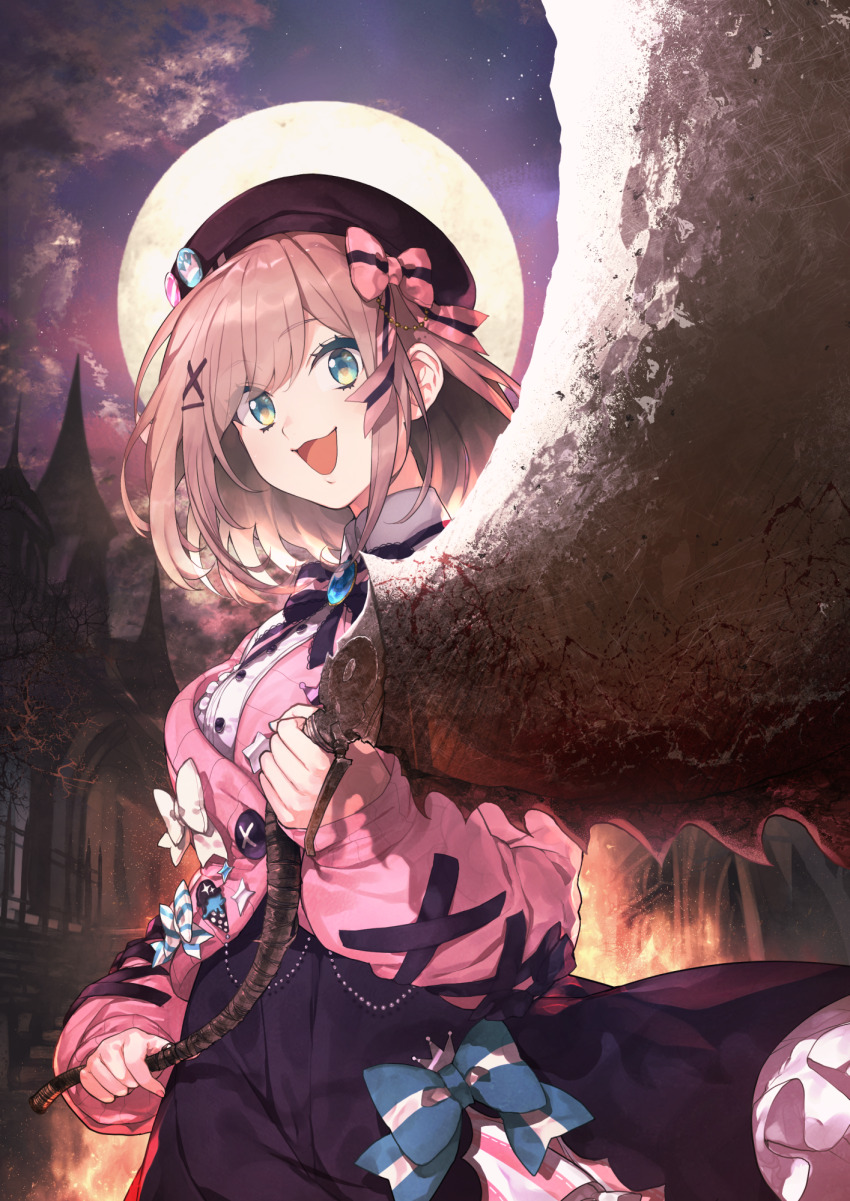 1girl beret black_bow black_bowtie black_hat black_skirt bloodborne bow bowtie breasts brooch brown_hair cardigan castle cloud collared_shirt commentary_request crown_print fire green_eyes hair_ornament hat high-waist_skirt highres hitoto holding holding_weapon jewelry long_sleeves looking_at_viewer medium_hair moon nijisanji open_mouth pink_bow pink_bowtie pink_cardigan shirt skirt sky smile solo star_(sky) striped_bow striped_bowtie striped_clothes suzuhara_lulu suzuhara_lulu_(1st_costume) two-tone_bow virtual_youtuber weapon white_shirt x_hair_ornament