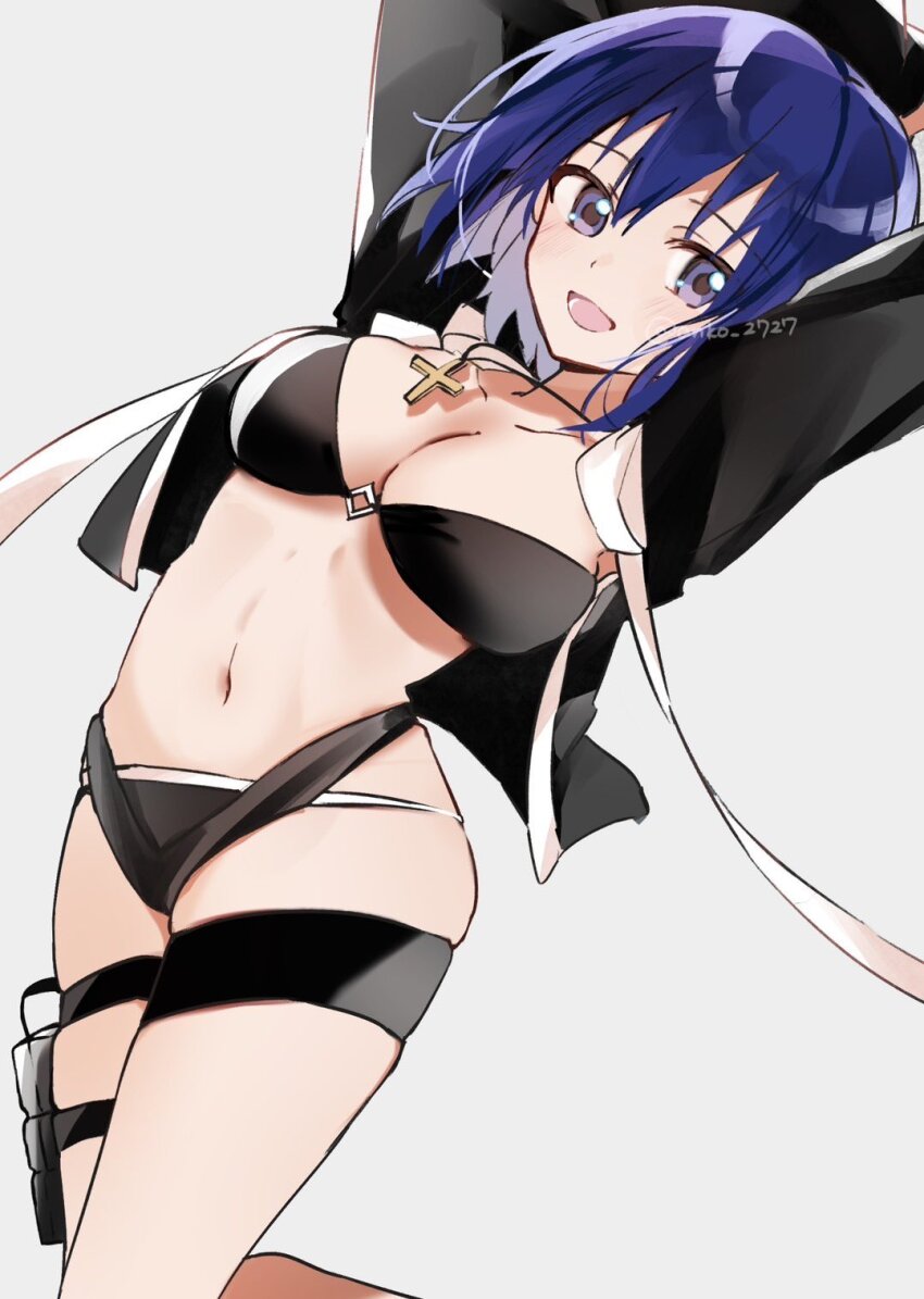 1girl bikini black_bikini black_jacket blue_eyes blue_hair blush breasts c.i.e.l_(fate) c.i.e.l_(first_ascension)_(fate) ciel_(tsukihime) cleavage commentary_request cross cross_necklace draw_happy_set fate/grand_order fate_(series) highres hood hood_down hooded_jacket jacket jewelry large_breasts latin_cross looking_at_viewer navel necklace official_alternate_costume open_clothes open_jacket open_mouth short_hair simple_background smile solo stomach swimsuit tsukihime tsukihime_(remake) twitter_username white_background