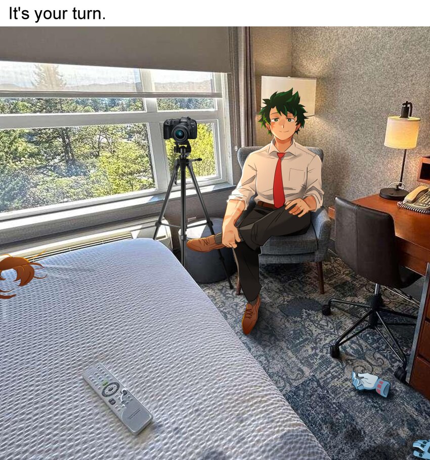 1boy 2girls absurdres black_pants black_socks boku_no_hero_academia brown_hair brown_shoes camera chair closed_mouth collared_shirt english_text freckles gloves green_eyes green_hair hagakure_toru highres indoors invisible khyle. looking_at_viewer male_focus midoriya_izuku multiple_girls necktie pants photo_inset red_necktie scar shirt shoes short_hair smile socks uraraka_ochako white_shirt