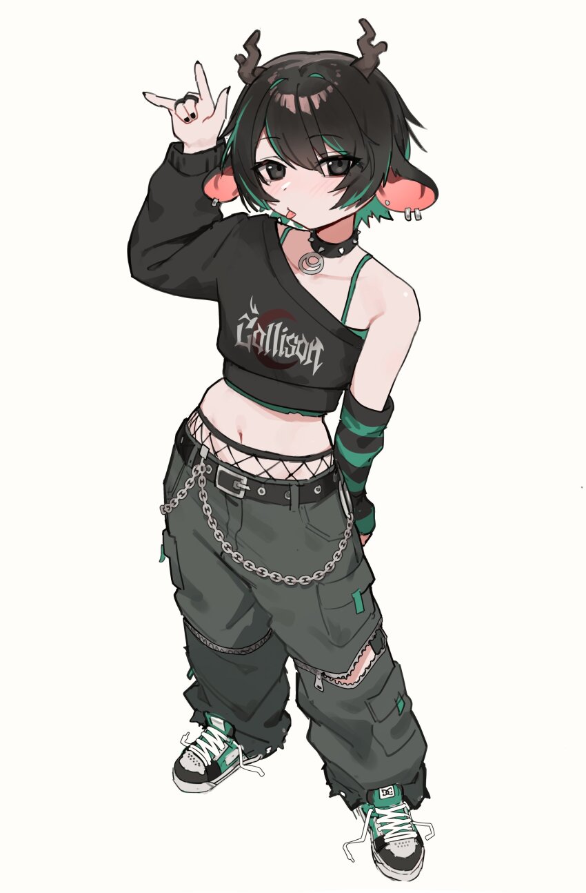 1girl \m/ absurdres animal_ear_piercing animal_ears antlers arm_behind_back arm_up arm_warmers baggy_pants belt belt_buckle wallet_chain black_arm_warmers black_belt black_collar black_eyes black_hair black_nails black_pants black_shirt black_shoes borrowed_character breasts brown_horns buckle camisole cargo_pants closed_mouth clothes_writing collar collarbone colored_inner_hair commentary contrapposto crescent_pendant crescent_print crop_top cropped_shirt deer_antlers deer_ears deer_girl dot_nose double-parted_bangs earrings eyebrows_hidden_by_hair fingernails fishnet_pantyhose fishnets from_above gift_art green_arm_warmers green_camisole green_hair green_shoes hair_intakes half-closed_eyes head_tilt high-waist_pantyhose highres horns invisible_floor jewelry legs_apart light_blush long_eyelashes long_sleeves looking_at_viewer looking_up lowleg lowleg_pants metal_band_text midriff multicolored_hair multicolored_shoes multiple_piercings narrowed_eyes navel oaklyn_(k-rha) original pants pantyhose pantyhose_under_pants pendant_collar pocket print_shirt puffy_long_sleeves puffy_sleeves punk raised_eyebrows shirt shoes short_hair sidelocks simple_background single-shoulder_shirt single_bare_shoulder single_sleeve small_breasts sneakers solo spaghetti_strap spiked_collar spikes standing streaked_hair striped_arm_warmers stud_earrings studded_belt symbol-only_commentary thick_eyelashes tongue torn_clothes torn_pants tsurime two-tone_arm_warmers two-tone_hair two-tone_shoes untied_shoelaces vertigris white_background wide_hips zipper zipper_pull_tab