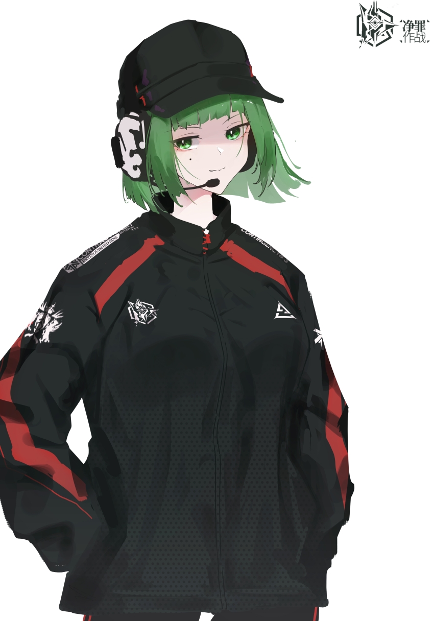 1girl absurdres alternate_costume arknights baseball_cap black_hat black_jacket casual chinese_commentary closed_mouth clothes_writing commentary_request cowboy_shot ela_(rainbow_six_siege) green_eyes green_hair hands_in_pockets hat headset highres jacket late-yesterday long_sleeves looking_at_viewer microphone peaked_cap rainbow_six_siege short_hair simple_background smile solo standing white_background