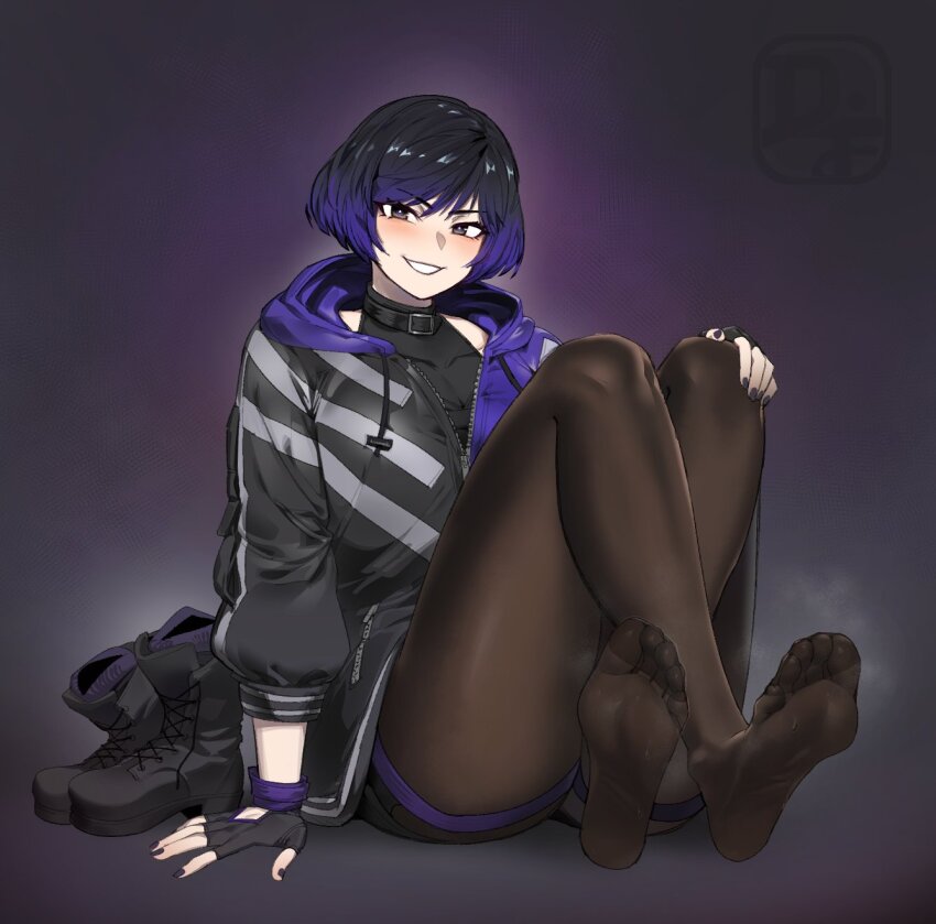 1girl black_hair boots difman feet fingerless_gloves gloves gradient_hair hand_on_own_knee highres light_blush looking_at_viewer medium_hair multicolored_hair pantyhose parted_lips purple_eyes purple_hair reina_(tekken) shoes smile soles steam tekken tekken_8 toes two-tone_hair unworn_boots unworn_shoes